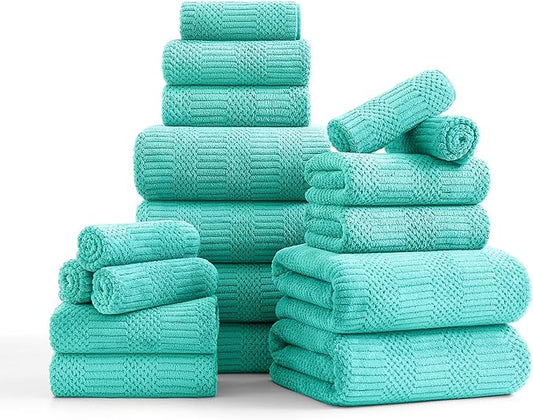 18 Pcs Blue Green Woven Family Towels Set-6 Bath Sheets,6 Hand Towels,6 Washcloths Soft Polyester Towels Absorbent Shower Towel Quick Dry Beach Chair Towel Lint Less Towels Set for Bathroom Spa Gym