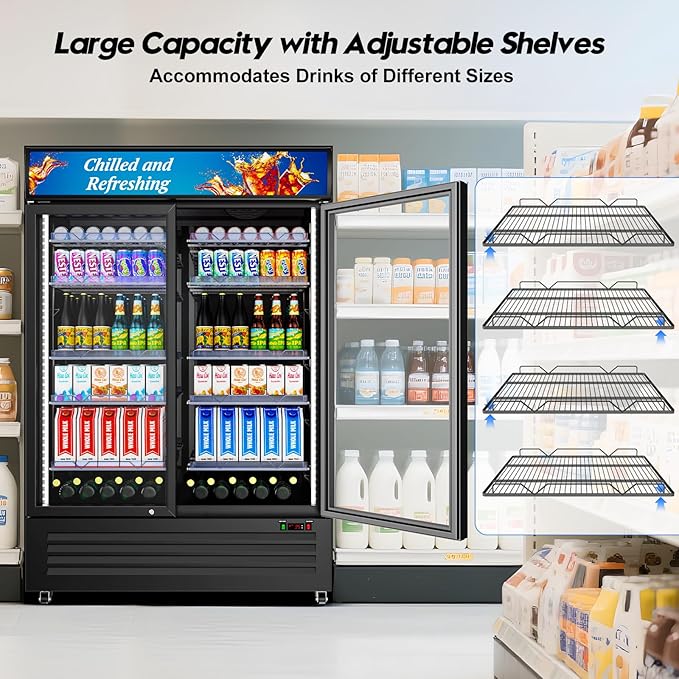 Commercial Beverage Refrigerator with 2 Glass Door, 383L Display Fridge Beverage Cooler with Customizable Lightbox Adjustable Shelves, Drink Fridge Merchandiser for Restaurant Shop, Black