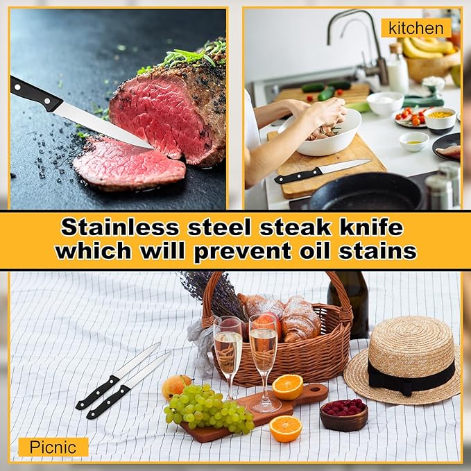 Lasnten 100 Pcs 8.78 Inches Stainless Steel Steak Knives Set Pointed Tip Plastic Handle Kitchen Steak Knife for Restaurant Tableware Camping Wedding Party, Black