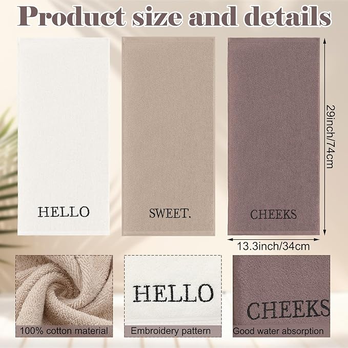 3 Pcs Farmhouse Decorative Hand Towels for Bathroom and Kitchen Rustic Embroidered 100% Cotton Hand Towels Decorative Set for Boho Bathroom Decor(Brown,Hello Sweet Cheeks)