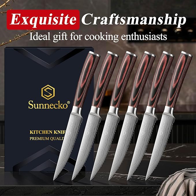 Sunnecko Steak Knives Set of 6,Premium Stainless Steel Serrated Steak Knife Set,Pakkawood Handle 4.5 Inch Kitchen Steak Knife with Gift Box