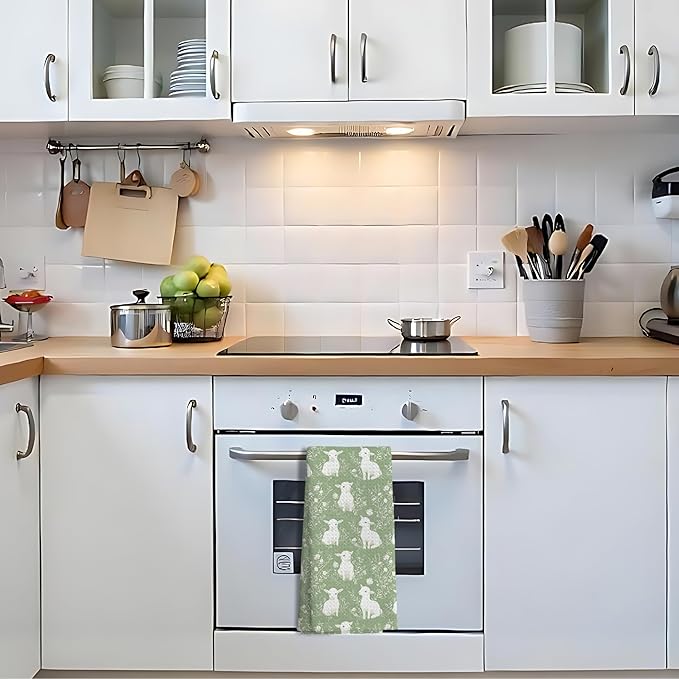 Sage Green Chinoiserie Lambs Kitchen Towels Decor,Floral Sheep Decorative Dish Tea Towels,Sage Green Grandmillennial Botanical Animal Hand Towels for Bathroom,16x24 Inch