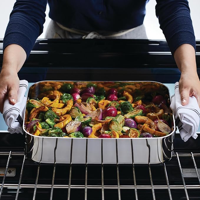 KitchenAid 5-Ply Clad Stainless Steel Roasting Pan/Roaster with Removable Rack, 15 Inch x 11.5 Inch - Polished Stainless Steel