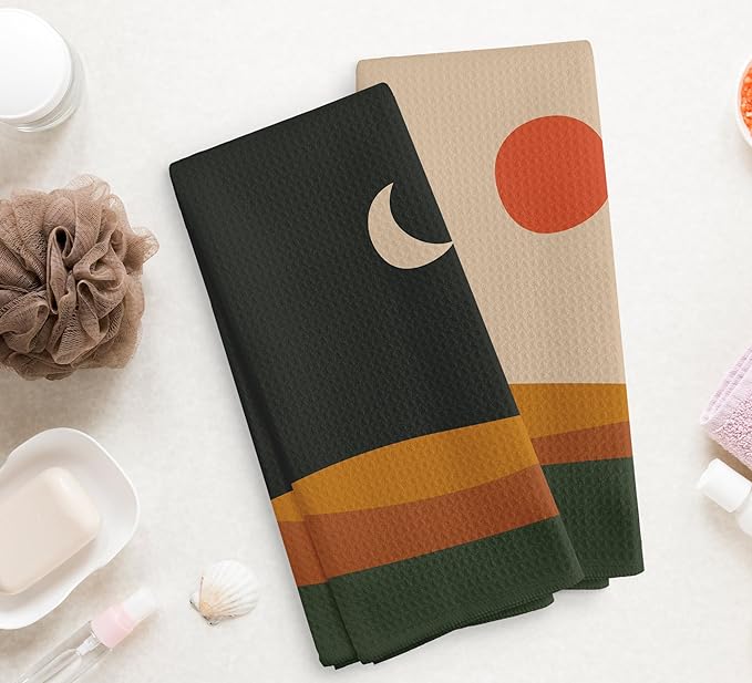 Abstract Boho Sun Moon Mountain Lake Landscape Kitchen Towels and Dishcloths Sets of 2,Boho Absorbent Drying Cloth Hand Towels Tea Towels for Bathroom Kitchen,Boho Gifts for Women Girls,16×24 inches