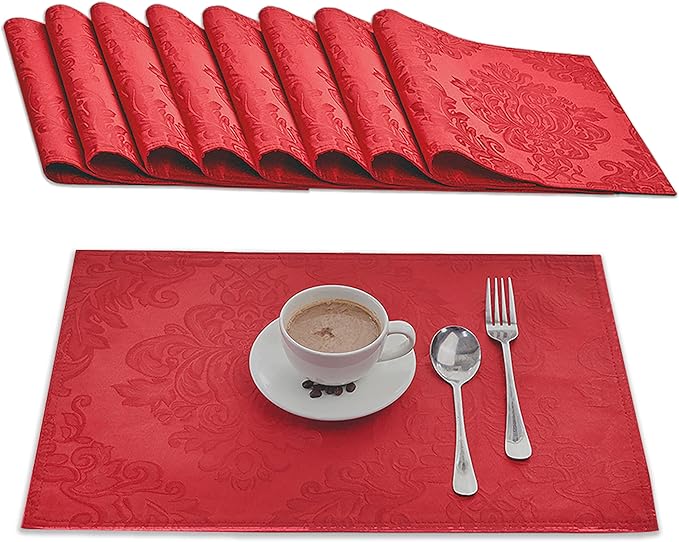 Place Mats Set of 8 – Rectangle Rectangular Waterproof Fabric Polyester Cloth Washable Wipeable Heat Resistant Placemats for Kitchen Dining Dinner Table Indoor 13 X 19 Inch Red