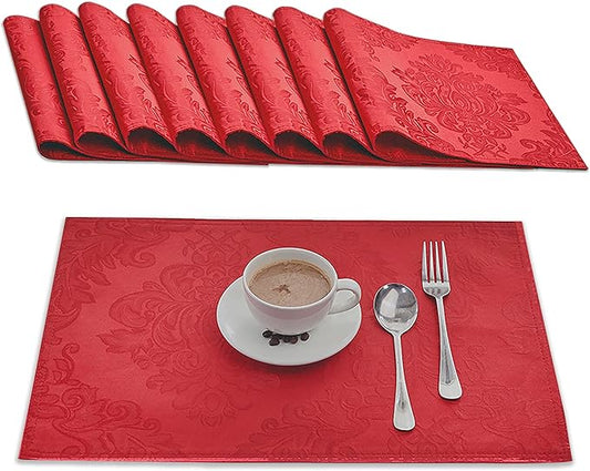 Place Mats Set of 8 – Rectangle Rectangular Waterproof Fabric Polyester Cloth Washable Wipeable Heat Resistant Placemats for Kitchen Dining Dinner Table Indoor 13 X 19 Inch Red