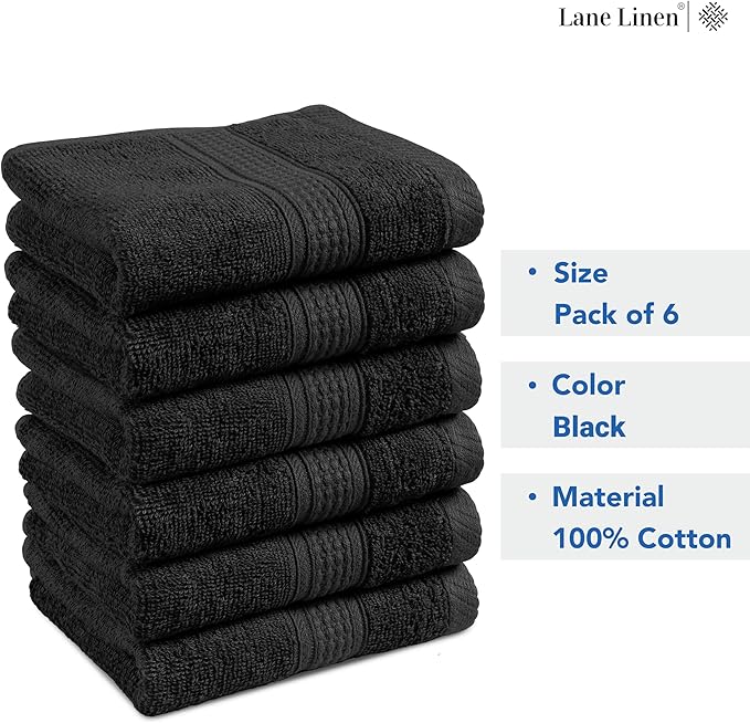 LANE LINEN Hand Towels 6 Pack (16"x28") - 100% Ringspun Cotton Bathroom Hand Towels - Durable, Quick Drying, Super Soft & Absorbent Large Hand Towel Set - Perfect for Regular use - Black Hand Towel