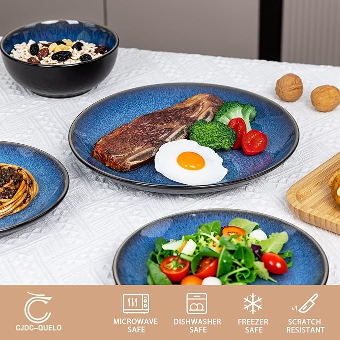Plates and Bowls Sets for 4 - CJDC-QUELO 12-Piece Stoneware Dinnerware Sets, Ceramic Dishware Set for Kitchen Use and Formal Dining, Chip and Scratch Resistant Microwave Dishwasher Safe, Blue