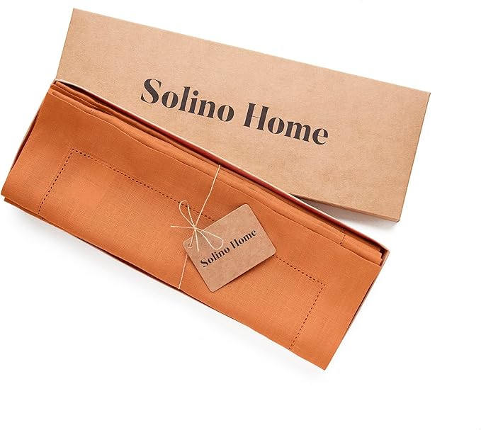 Solino Home Linen Placemats Set of 4 - Classic Hemstitch Pumpkin Placemats 14 x 19 Inch - 100% Pure Linen Table Mats for Holiday