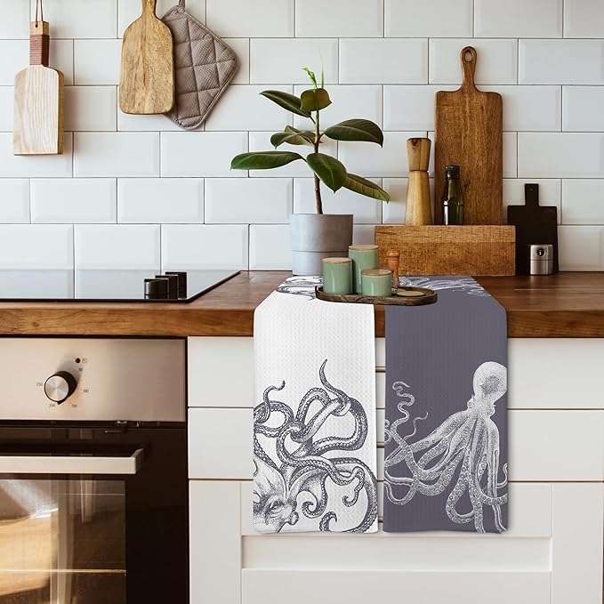 Coastal Grey Octopus Beach Decor Dish Hand Tea Towels for Bathroom Kitchen, Girly Octopus Ocean Nautical Beachy Bathroom Decor, Coastal Kitchen Towels and Dishcloths Sets of 2, 16x24 Inch