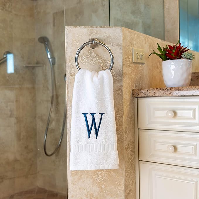 Monogrammed Hand Towels for Bathroom - Luxury Hotel Quality Personalized Initial Decorative Embroidered Bath Towel for Powder Room, Spa - GOTS Organic Certified - Set of 2 Navy Letter W