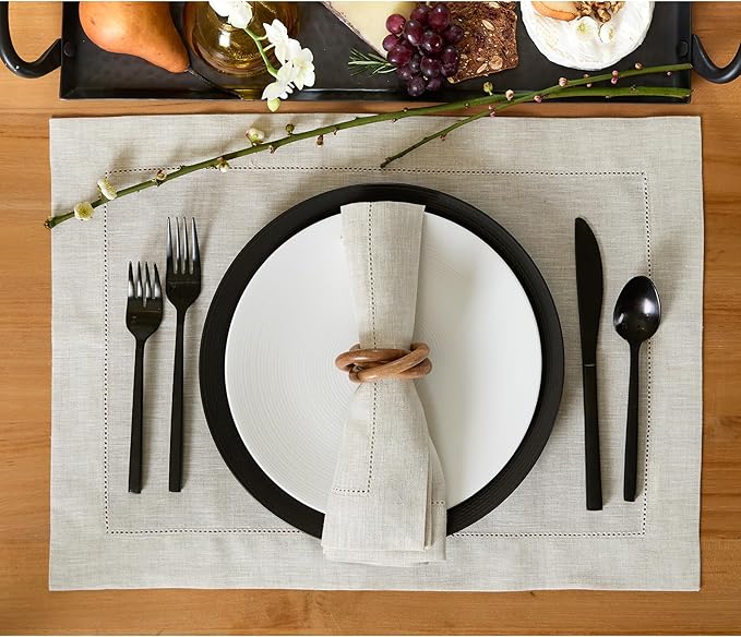 Solino Home Linen Placemats Set of 4 - Classic Hemstitch Light Natural Placemats 14 x 19 Inch - 100% Pure Linen Table Mats for Holiday, New Year