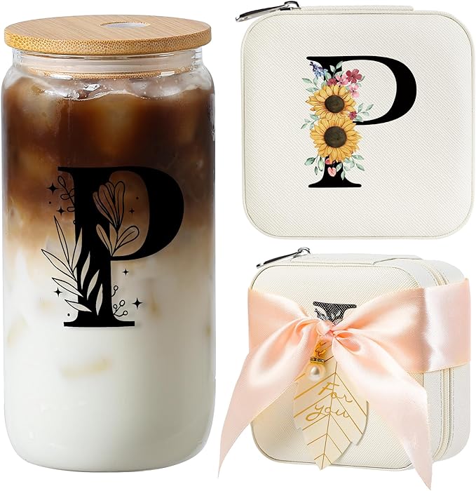 AYGXU Travel Jewelry Organizer, 16oz Initial Glass Cups with Lids and Straws, Aesthetic Coffee Cups, Graduation Travel Essentials, Personalized Jewelry Boxes for Women, Initial P White
