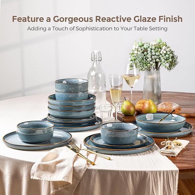 GBHOME 32 Pieces Double Bowls Ceramic Dinnerware Sets for 8, Stoneware Plates and Bowls Set with Reactive Glaze, Scratch Resistant Stoneware Dishes Set, Dishwasher & Microwave Safe