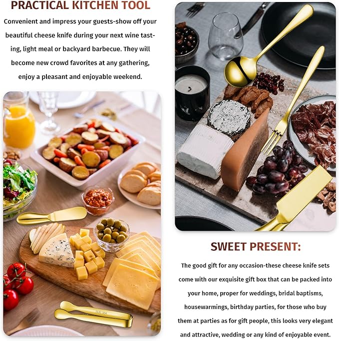 Patelai Charcuterie Board Accessories Cheese Spreader Knife Set Charcuterie Utensils Butter Knife Stainless Steel Mini Serving Tongs Spoons Appetizer Forks for Pastry Christmas(Golden,18 Pieces)