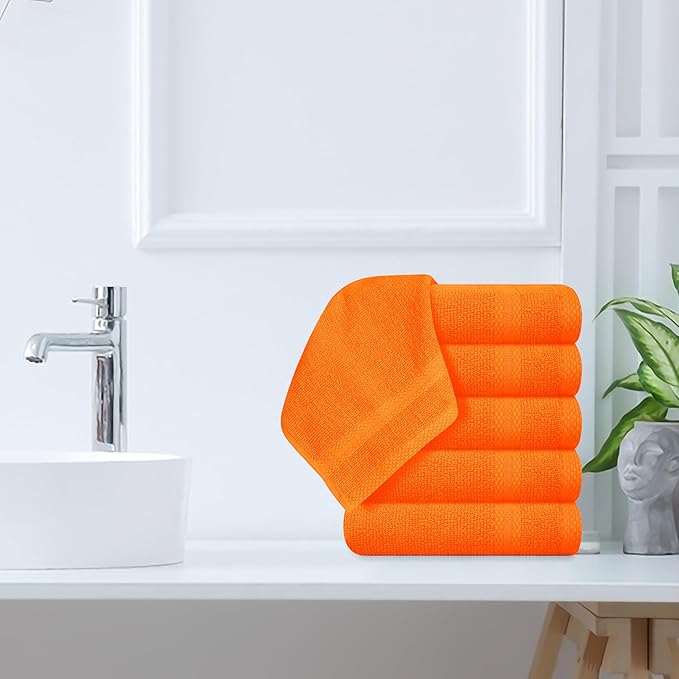 GLAMBURG Ultra Soft 12-Piece Washcloths Set 13x13-100% Ringspun Cotton - Durable & Highly Absorbent Face Towels - Ideal for use in Bathroom, Kitchen, Gym, Spa & General Cleaning - Orange