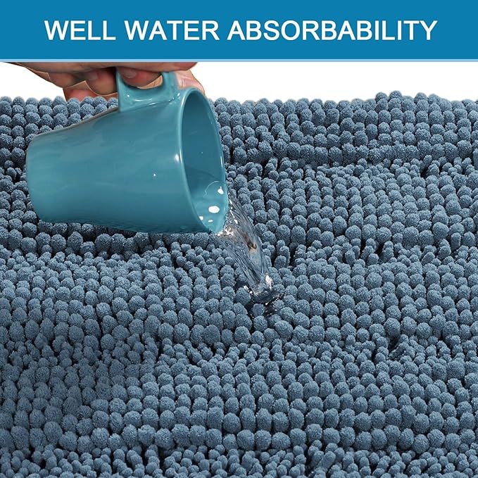 H.VERSAILTEX Bath Rug Non Slip Chenille Striped 17" x 24" Absorbent Soft Shaggy Washable Dry Fast Bath Mat - Stone Blue