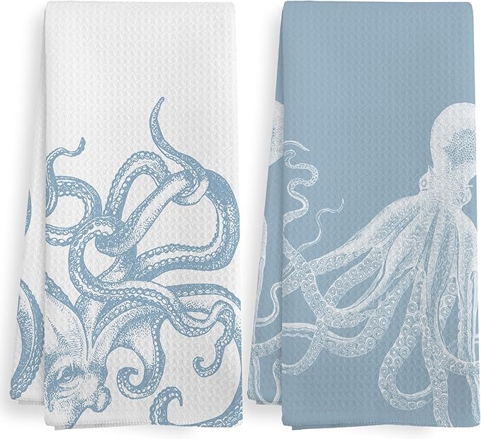 Coastal Light Blue Octopus Beach Decor Dish Hand Tea Towels for Bathroom Kitchen, Girly Octopus Ocean Nautical Beachy Bathroom Decor, Coastal Kitchen Towels and Dishcloths Sets of 2, 16x24 In