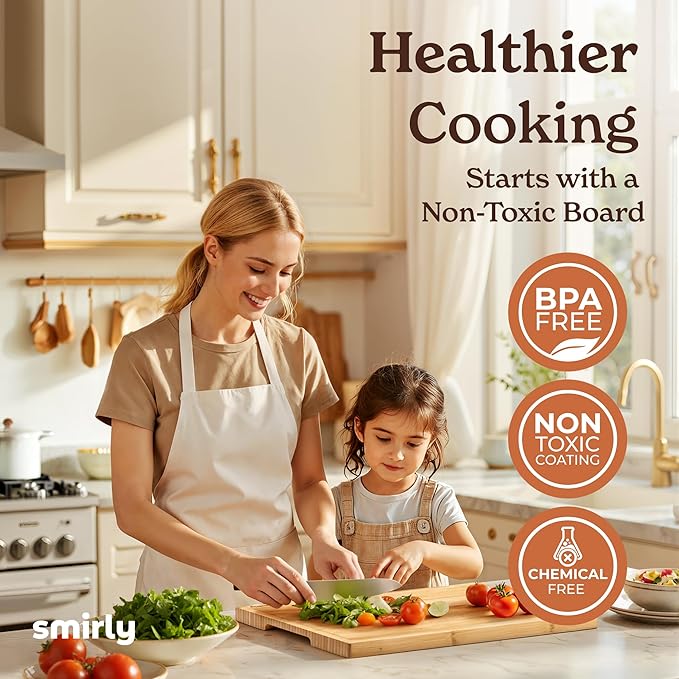 SMIRLY Bamboo Wooden Cutting Boards for Kitchen, Set of 4 Large - Small with Holder, Bamboo Wood Cutting Board Set with Deep Juice Grooves, Non Toxic Serving Tray, Gifts for Women