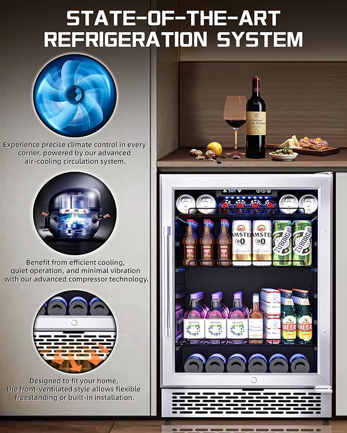 24-Inch Beverage Refrigerator, 200-Can Glass Door Cooler with Adjustable Shelves, Quiet Cooling, Freestanding or Under-Counter – Compatible with Beer, Soda, Wine, Milk, Suita