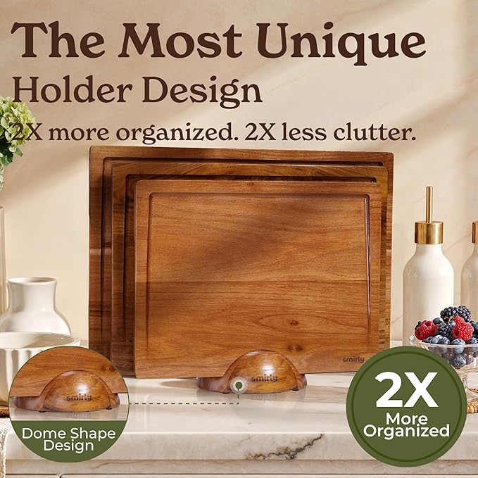 SMIRLY Wood Cutting Boards for Kitchen Wooden Chopping Board Set Reversible with Deep Juice Grooves Grip Handles, Large Charcuterie Tray, Ideal for Chopping Meat Vegetables Teak Wood, 3Pcs with Holder
