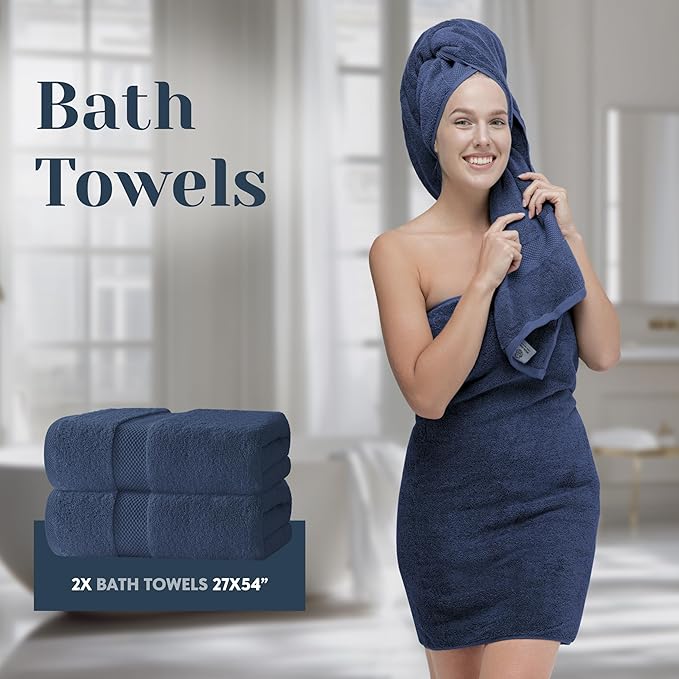 White Classic Luxury Bath Towel Set of 8 Pieces - 100% Turkish Cotton Highly Absorbent Towels for Bathroom, 2 Luxury Bath Towels 700GSM, 2 Hand Towels, 4 Washcloths, Navy