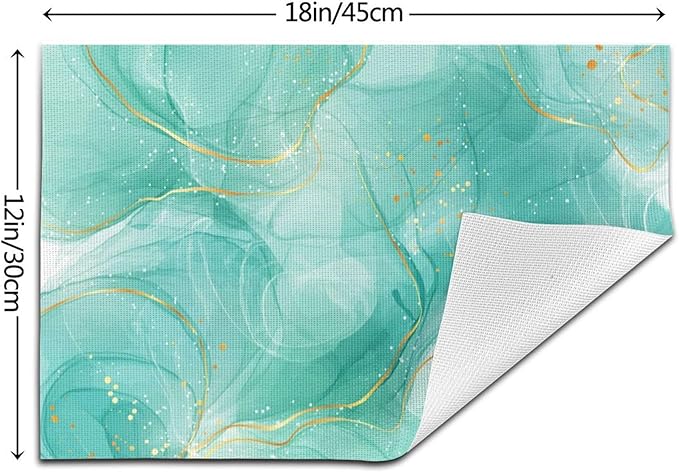 Teal Gold Marble Placemats Set of 4, Linen 12"x18" Green Turquoise Place Table Mat Washable Heat Resistant for Kitchen Dining Holiday Party Modern Home Decor