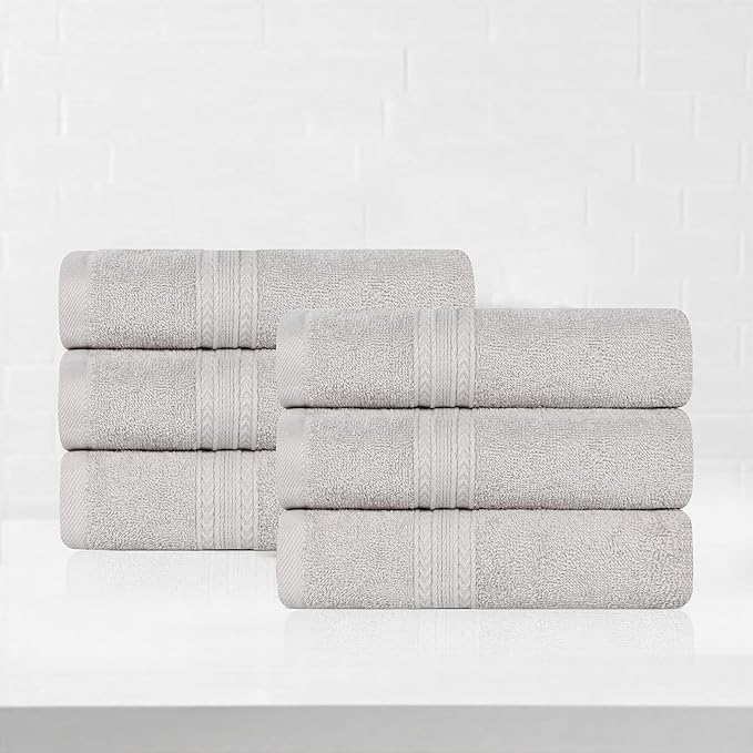 Superior Eco-Friendly Cotton 6-Piece Hand Towel Set, Small Towels for Spa, Resort, Hotel, Guest Bath, Kitchen, Quick Dry, Soft, Bathroom Accessories, Home and Apartment Essentials, Silver