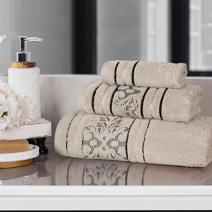 Superior Cotton 3 Piece Towel Set, Includes 1 Bath, 1 Hand, 1 Washcloth/Face Towel, Quick Dry, Home Essentials, Shower, Spa, Luxury Plush Soft Absorbent Towels, Zero Twist, Jacquard Floral, Stone