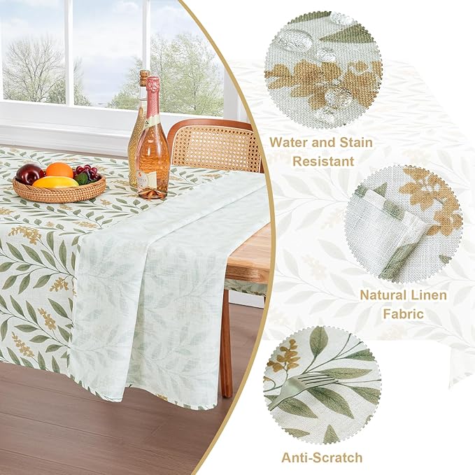 H.VERSAILTEX Linen Table Cloths Floral Printed Tablecloth Spill-Proof Waterproof Table Cover for Dining Buffet Feature Soft and Thick Fabric Wrinkle Free, 60 x 104 Inch, Adela Botanical Motif - Sage