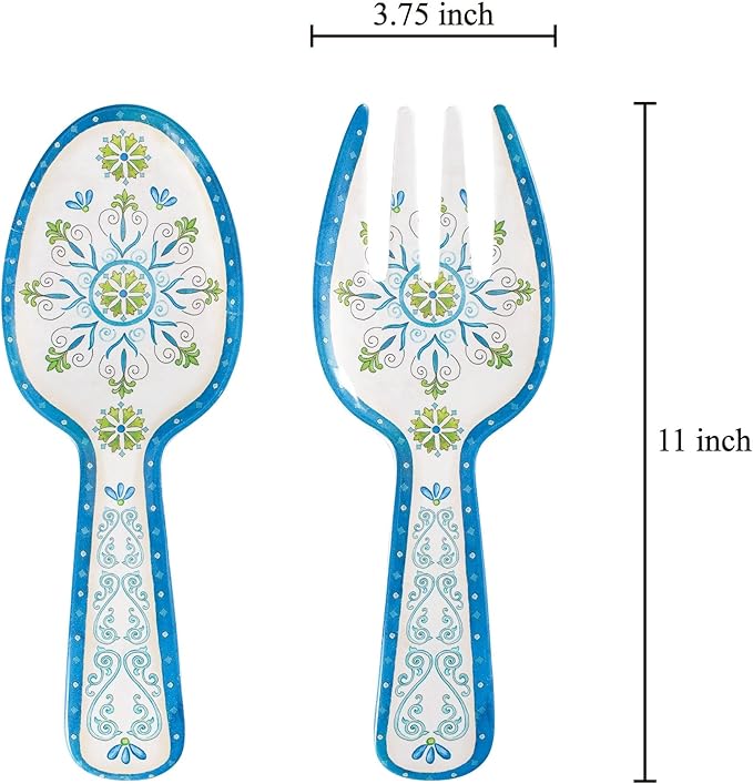 UPware Jewel Medallion Melamine Salad Servers, Serving Utensil Set, Includes Serving Fork and Spoon for Tossing Salad, Pasta, Blue, 10.75 Inch, Set of 2