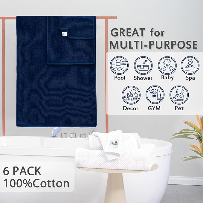 VOOVA & MOVAS Bathroom Towels - 100% Cotton | Quick Dry | Soft | Thick, 6 Piece Towel Set, 2 Large Bath 30"x56", 2 Hand 18"x28", 2 Washcloths 13"x13", Bathroom Essentials,Blue and White