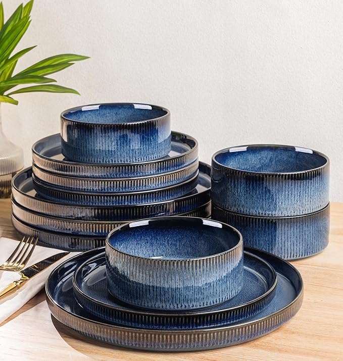 TheTerra Ceramic Dinnerware Sets for 4, 12 Pieces Porcelain Lightweight Plates and Bowls Sets, Scratch Resistant Dish Set, Oven & Microwave & Dishwasher Safe, Starry Blue
