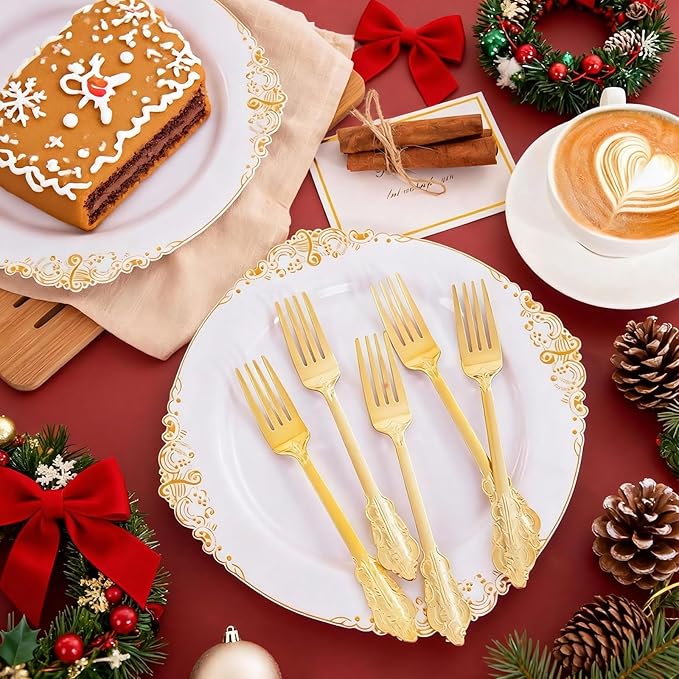 Ciaell 200PCS Gold Plastic Forks - Heavy Duty Plastic Forks - 7.48 Inch Heavyweight Gold Forks - Disposable Dessert Forks Perfect for Parties & Weddings & Dinners