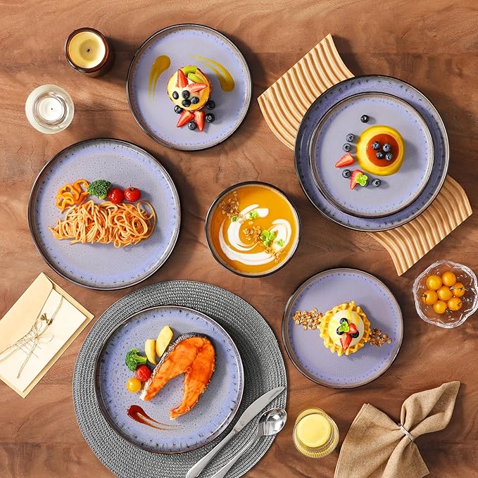 vancasso Plates and Bowls Sets, 24 Pieces Stoneware Dinnerware Sets for 8, Kitchen Dish Set Mircowave and Dishwasher Safe Dinner Set Ceramic Dishware, Light Purple, Series AMBER