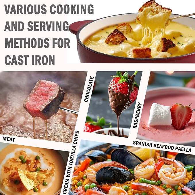 Artestia Cast Iron Cheese Fondue Set 11-Piece with Adjustable Burner, 6 Colored Forks, 5-Cup Red Swiss Fondue Set for Cheese, Chocolate, Caramel, Meat – Family Size 4-6 Persons