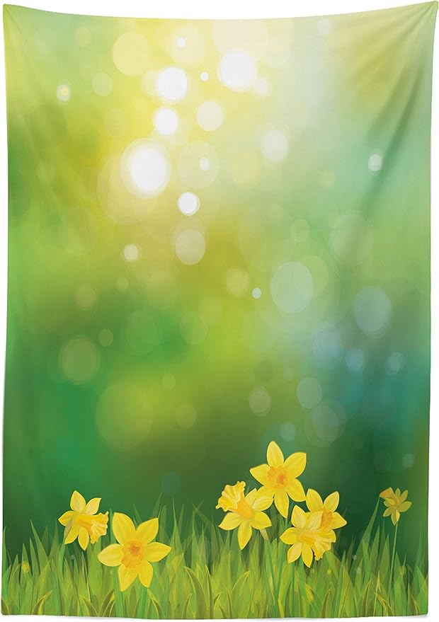 Ambesonne Daffodils Tablecloth, Fresh Flowers on a Spring Season Sun Beams with a Blurred Background of an Artwork Print, Rectangular Table Cover for Dining Room Kitchen Decor, 60" X 90", Yellow Green