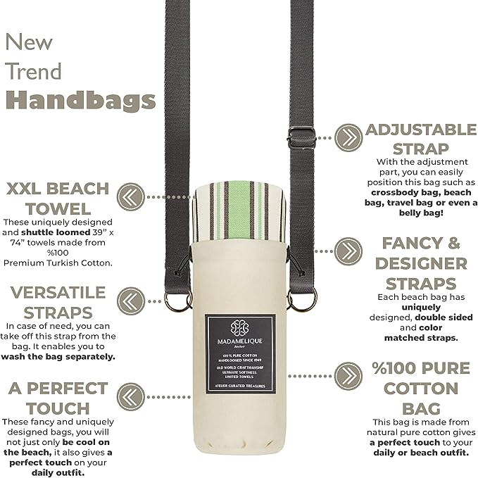 Madamelique Turkish Beach Towel with Beach Bag and Towel Band 39 x 74 - Prewashed Beach Towels Oversized -%100Cotton - Quick Dry - Sand Free - Turkish Bath Towels - Unique Soft Towel (Virgin Mint)