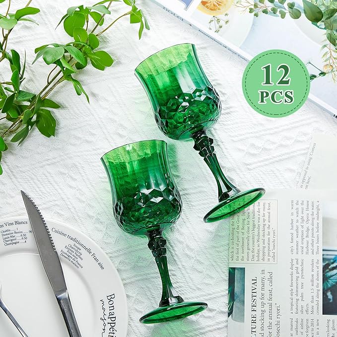 Pinkunn 12 Pcs 7 oz Plastic Vintage Wine Glasses Reusable Colored Goblets Patterned Drinking Water Glasses Cup Dishwasher Safe for Christmas Wedding Reception Party Supplies (Green)