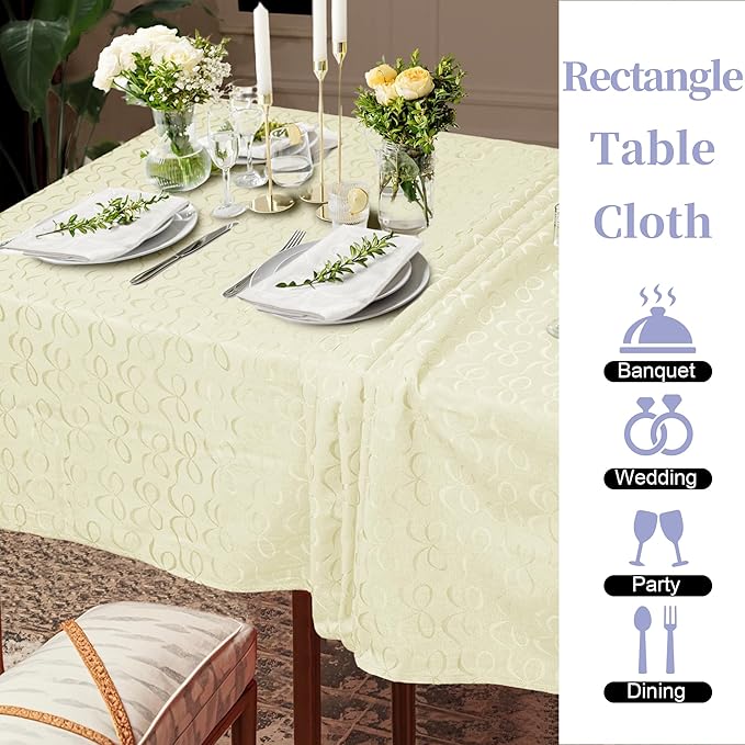 Cream Tablecloth (1PC, 60"x84"), Washable Tablecloth for 6ft Rectangle Tables (6-8 Seats) - Cotton Polyester, Wrinkle/Fade Resistant, Reusable Table Cover for Dining & Wedding, Beige Bows Jacquard