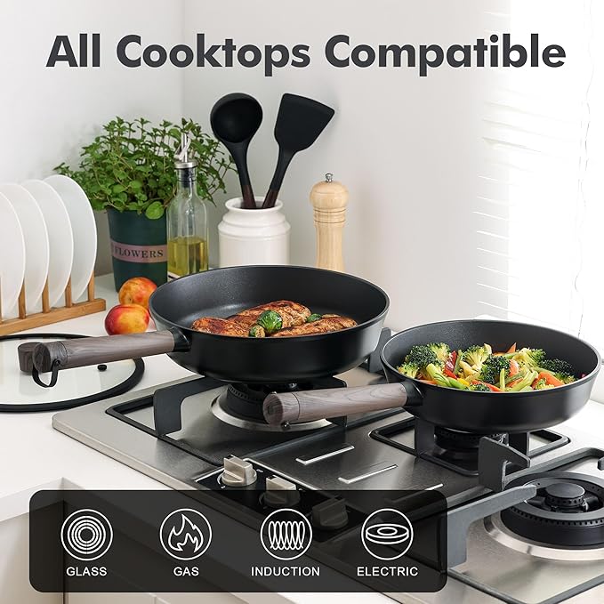 SENSARTE Nonstick Cookware Set Pots and Pans Set Kitchen Non-stick Cooking Set, Dishwasher & Oven Safe, Induction Compatible, Free of Intentionally Added PFOA/PFOS, 15pcs, Black