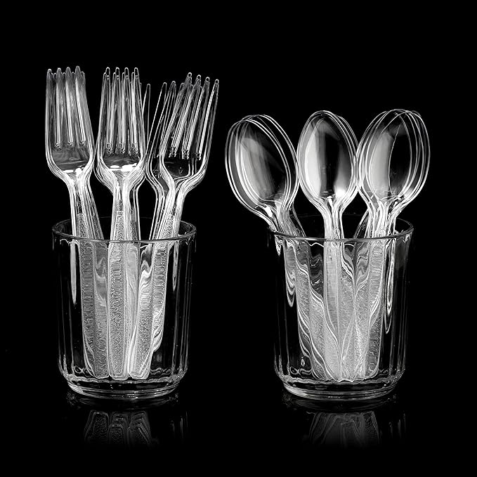 Plastic Forks and Spoons Set - (Bulk Pack 360 Pcs) Clear Plastic Cutlery Utensils Heavy Duty, 180 Forks and 180 Spoons, Silverware Sets for Party Supplies, Dinners, Take-Out, Catering, Food Services