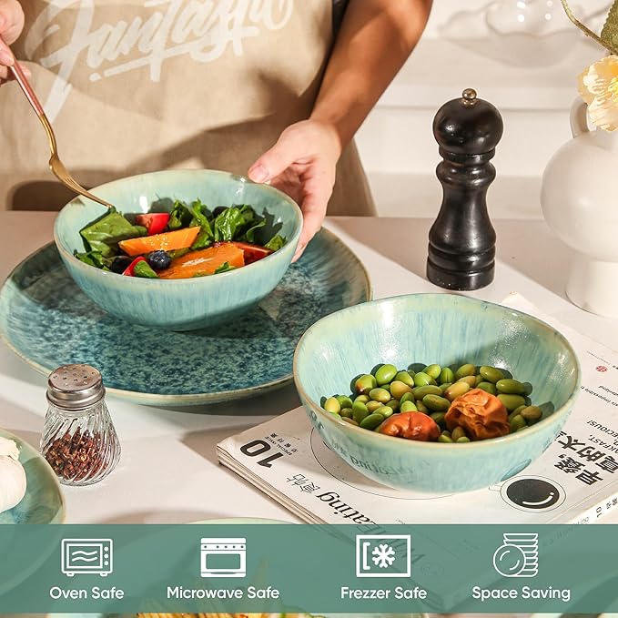 Decosignature Modern Plates and Bowls Sets 12-Piece Ceramic Dinnerware Set for 4 Blue Kitchen Plates and Bowls Microwave Dishwasher and Oven Safe Stackable Tableware Dinnerware Sets for Everyday Use