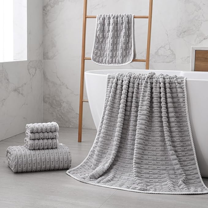 40x80 Inches Oversized Bath Sheets Extra Large Bath Towels Set of 2 for Adults Super Soft Quick Dry Lightweight Lint Free Absorbent Stripe Microfiber Shower Towels (Grey, 2 Piece)