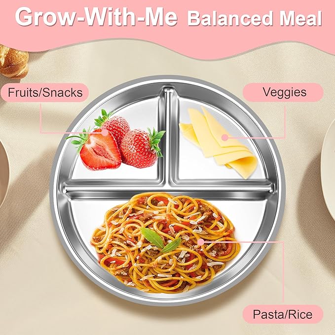 Bella's Friends Baby Feeding Set, 2 Pack Stainless Steel Divided Plate with Silicone Suction, 2 Set Spoons and Forks, BPA Free, Dishwasher Safe, Baby Led Weaning Supplies, Toddler Utensils, gray blue