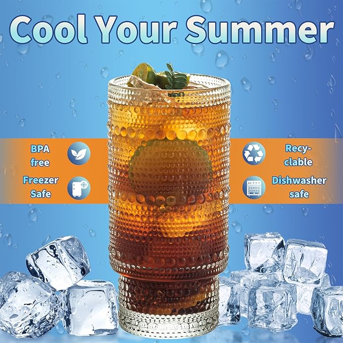 Romantic Highball Drinking Glasses Set of 4 , Beaded Glassware,16 oz Glasses Cups Set with Bamboo Lids Straws Brush Hobnail Glassware Set for Juice , Iced Coffee , Beer and Cocktail Whiskey,Soda