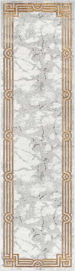 Well Woven Fairmont Collection Huntington Grey Gold & Ivory Marble Border Elegant & Soft 2x7 Runner Rug Perfect for Hallway & Bedroom Durable Stain Resistant & Easy to Clean
