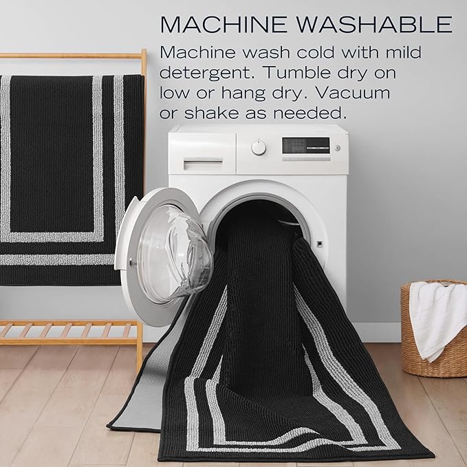 Nautica – Runner Rug | Indoor Runners for Hallways and Entry Rugs| Non-Slip and Non-Skid Entry and Kitchen Door Mat| Machine Washable Entryway Carpet Rugs | 2'6" x 12' | Double Border Black