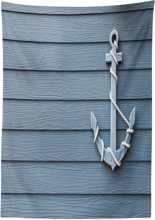 Ambesonne Nautical Tablecloth, Anchor with Marine on Wood Background Sea Ocean Life Coast Cruise Theme, Rectangular Table Cover for Dining Room Kitchen Decor, 60" X 84", Blue Grey