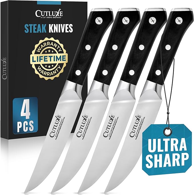 Cutluxe Steak Knives Set of 4, Straight Edge Steak Knife Set – Forged High Carbon German Steel, Full Tang, Ergonomic Handle Design – Artisan Series